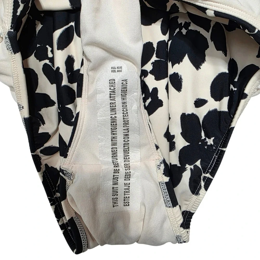 Shade & Shore Floral One Piece Swimsuit Women L Black Ivory High Leg